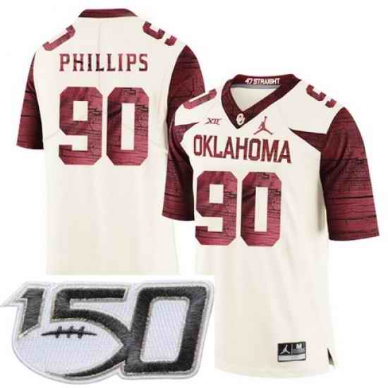 Oklahoma Sooners 90 Jordan Phillips White 47 Game Winning Streak College Football Stitched 150th Anniversary Patch Jersey
